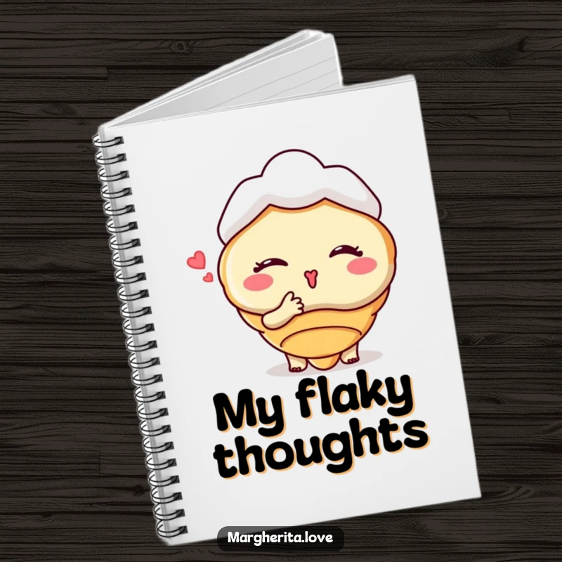 Funny notebook with a winking croissant character blowing a kiss, ideal for jotting down ideas with a touch of baked-good charm.