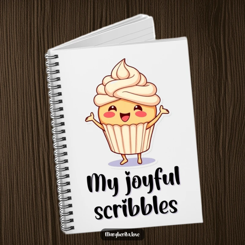Funny cupcake notebook featuring a joyful character with frosting doing a little jig, ideal for writing and sketching with humor.