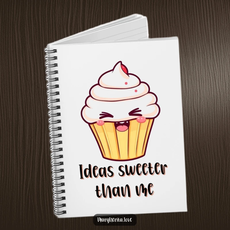 Funny notebook with a cover featuring an enthusiastic cupcake giving a playful and mischievous wink, ideal for note-taking.