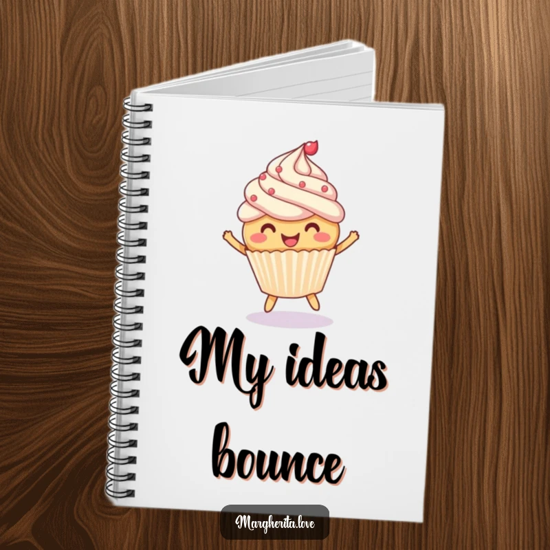 Funny notebook with a cheerful cupcake bouncing a ball, ideal for jotting down notes with a playful, sweet touch.