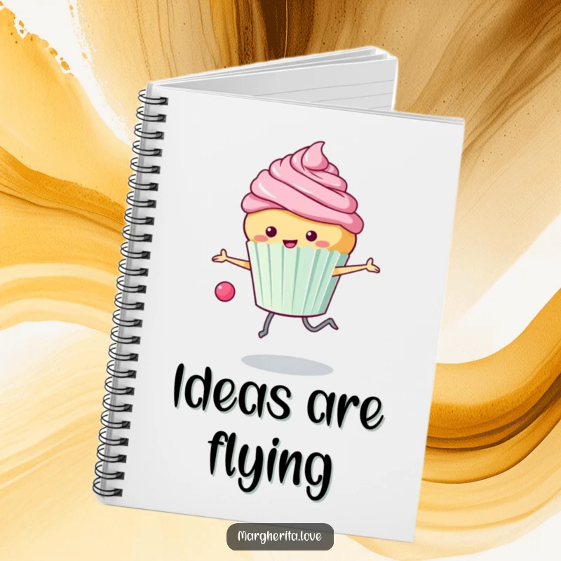 Funny notebook: A happy cupcake skips rope with frosting flying, ready to jot down sweet ideas.