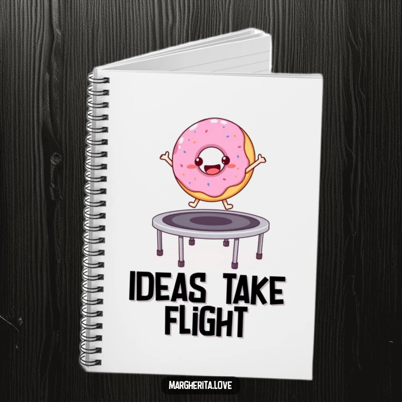 Funny bouncy donut character jumping on a trampoline, lined notebook.
