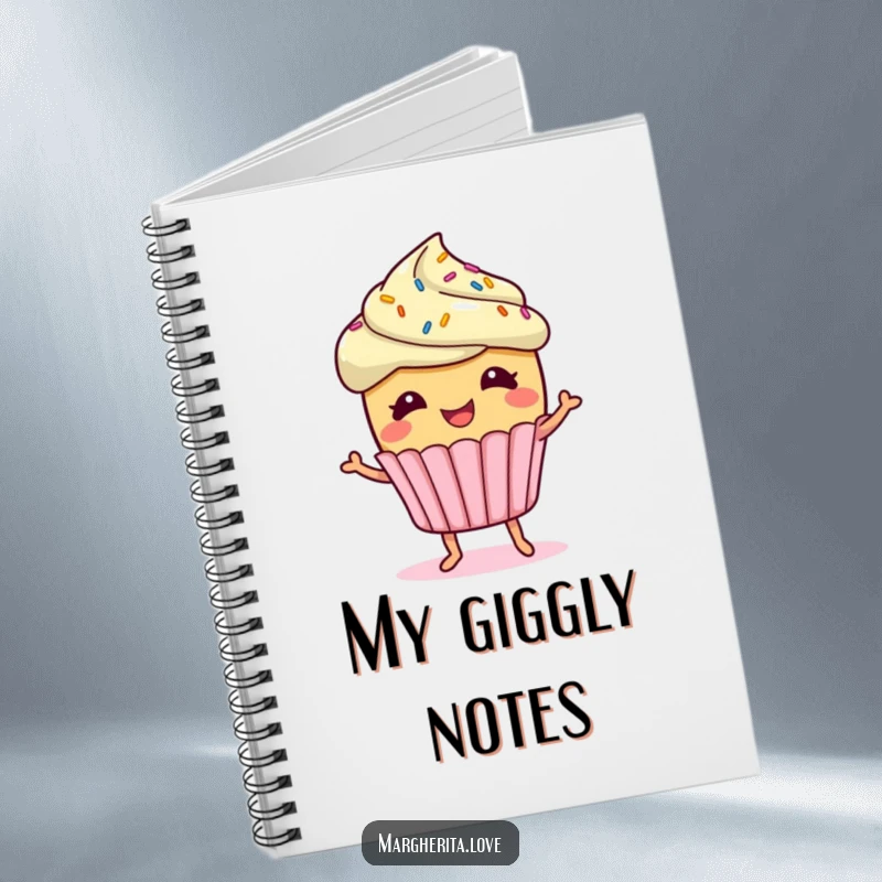 Funny giggling cupcake character with sprinkles doing a little jig, featured on a notebook cover, ideal for jotting sweet ideas.