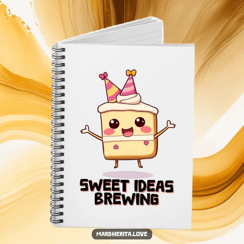 Funny notebook with a happy, bouncing cake slice character in a party hat, ideal for note-taking.