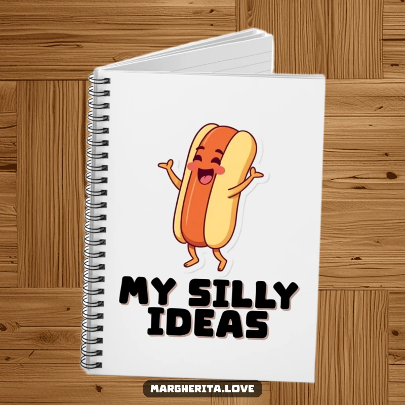 Funny notebook with a goofy hot dog character doing a silly jig, ideal for jotting down ideas with a dash of culinary comedy.
