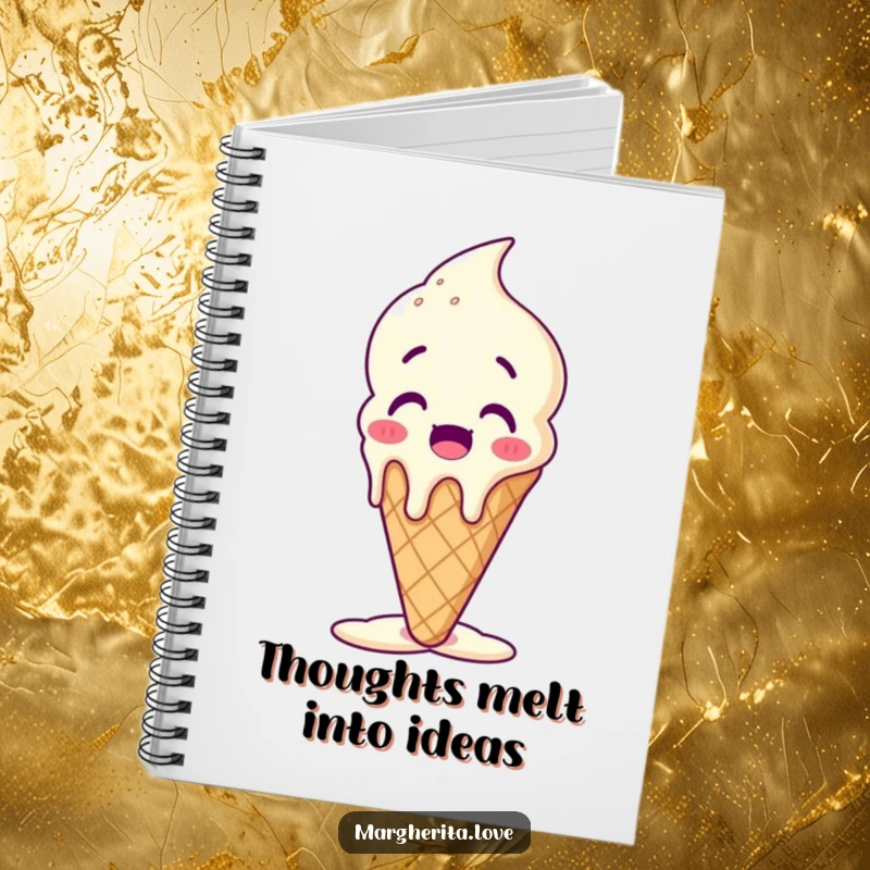 Funny melting ice cream cone notebook with a surprised character melting happily, perfect for journaling and note-taking.