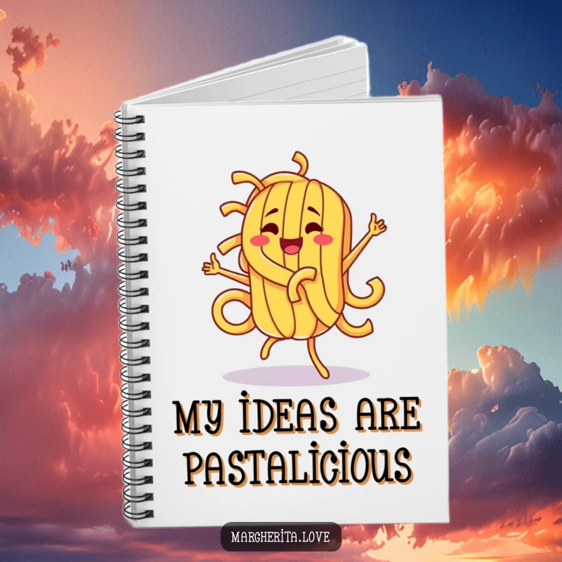 Funny pasta character doing a silly, energetic dance on the cover of a notebook, perfect for jotting down funny ideas.