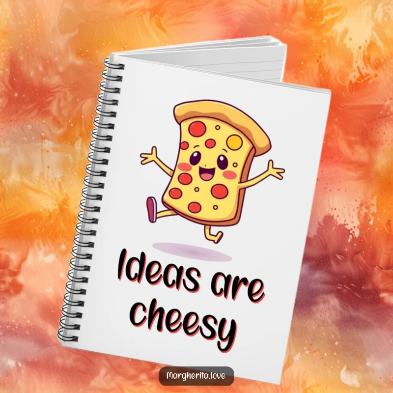 Funny notebook with a cheerful pizza slice with legs, dancing joyfully, ideal for jotting down happy thoughts.