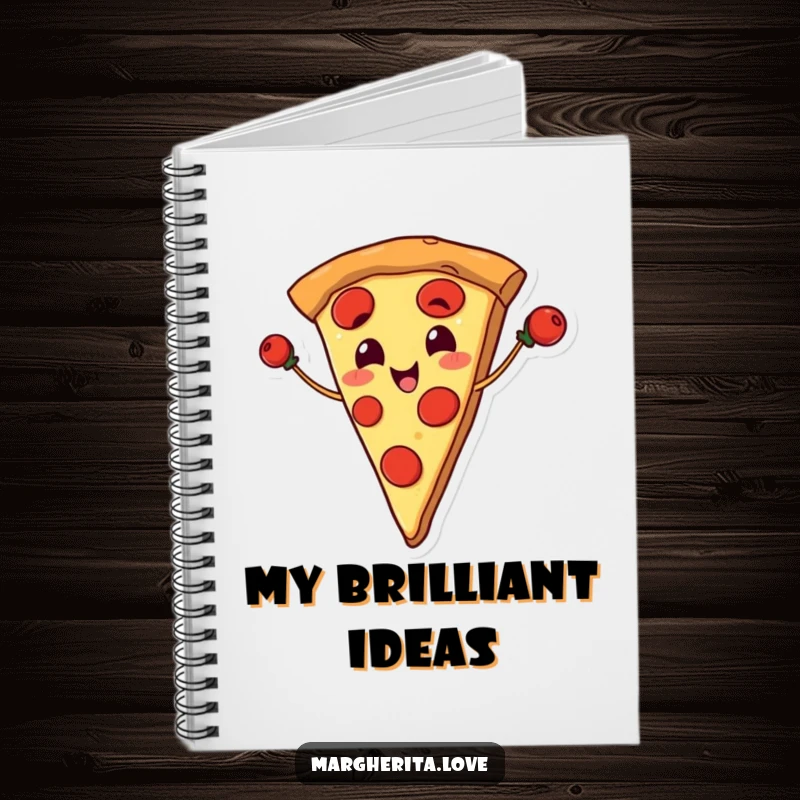 Funny notebook with a smiling pizza slice juggling pepperoni, perfect for journaling and jotting down ideas.