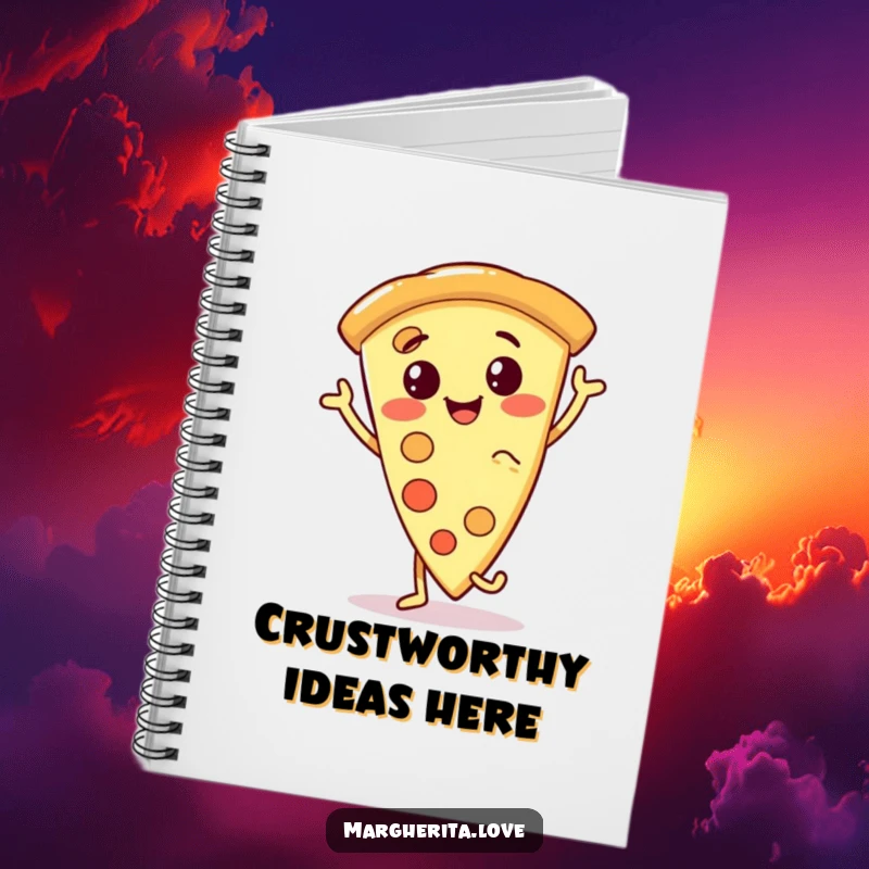 Funny pizza slice notebook showcasing a smiling, anthropomorphic pizza character dancing, ideal for jotting down notes with a humorous touch.