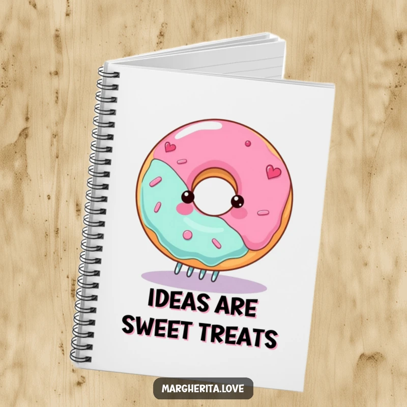 Funny spinning donut notebook with a gleeful character on a fork, perfect for journaling and note-taking.