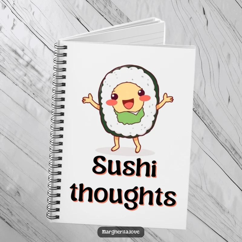 Funny notebook with a dancing sushi roll on the cover, perfect for jotting down notes with a playful spirit.