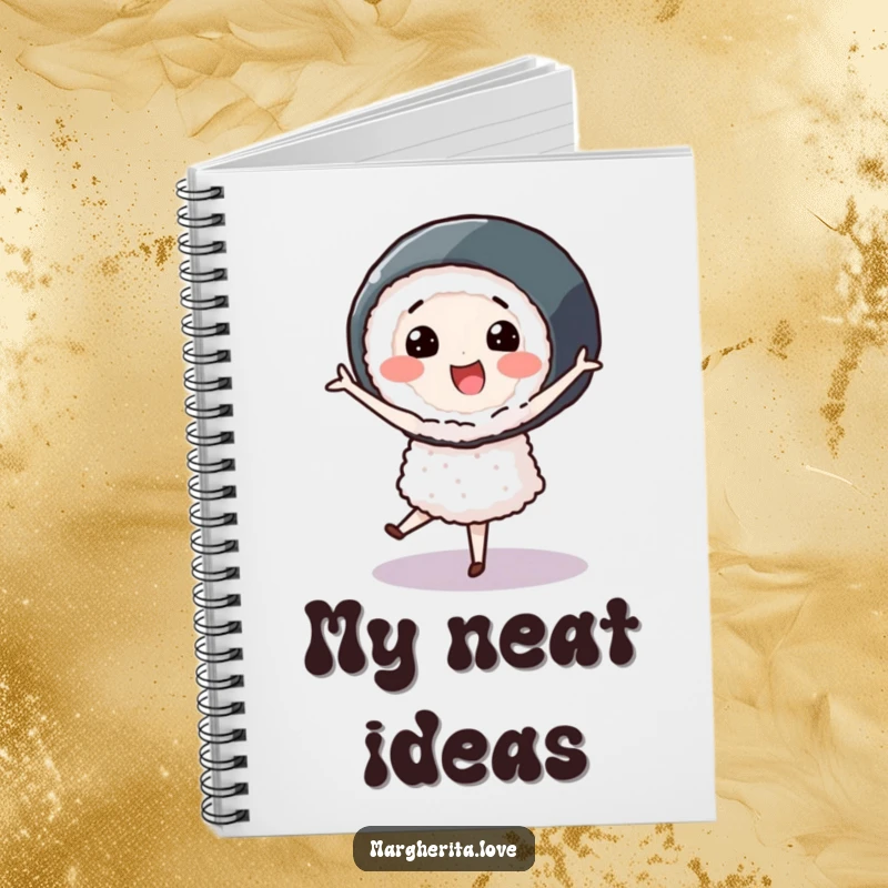 Smiling sushi roll character performing a pirouette, illustrated in a notebook for jotting down elegant and creative ideas.