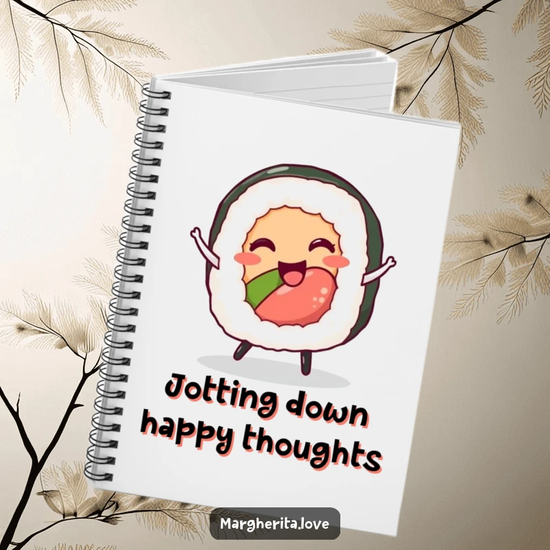 Funny sushi roll dance notebook with a delighted character in motion, perfect for journaling and note-taking.