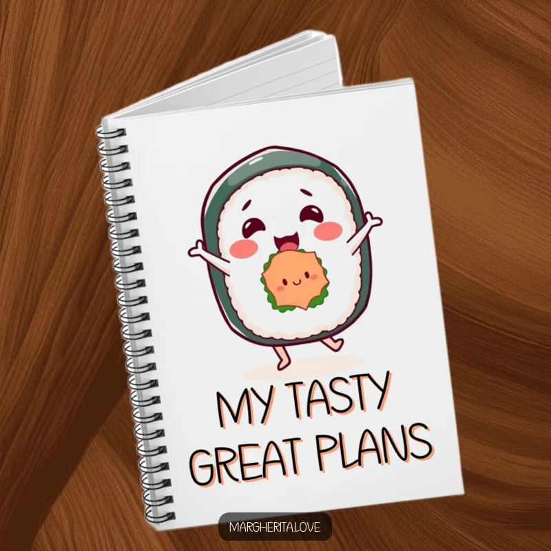 Funny notebook featuring a happy sushi roll character in a dance pose, perfect for capturing notes with a side of Japanese humor.