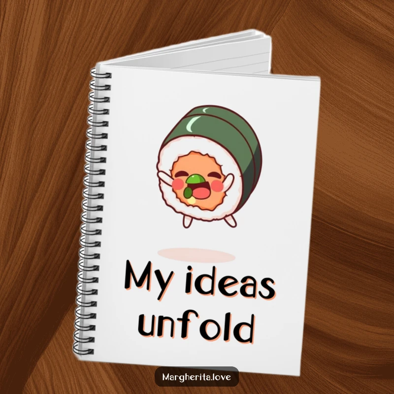 Funny notebook featuring a delighted sushi roll character performing a playful somersault, ideal for notes and doodles.