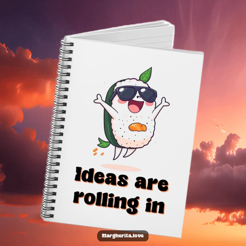Funny notebook featuring a delighted sushi piece in sunglasses, performing a backflip, ideal for jotting down cool ideas.