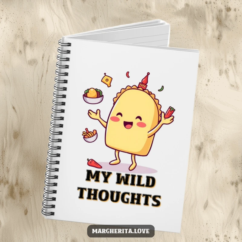Happy taco character juggling toppings, illustrated in a notebook for jotting down fun and creative ideas.