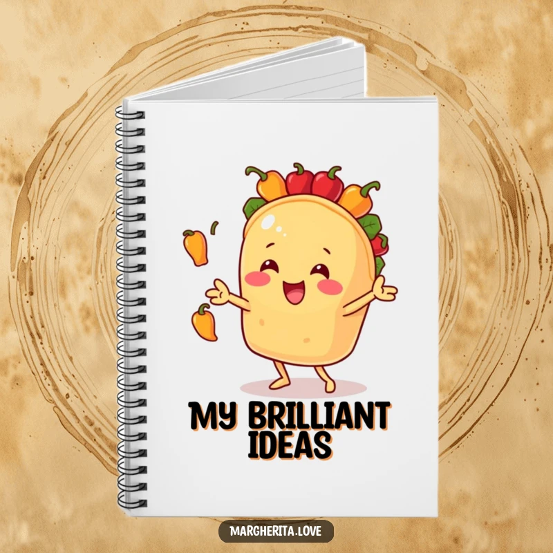 Funny notebook with a cheerful taco character juggling small bell peppers, perfect for creative brainstorming and journaling.