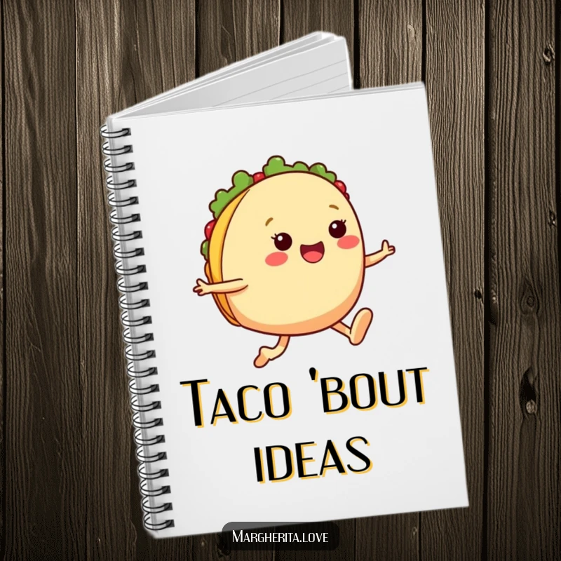 Funny taco jump notebook showcasing a cheerful taco with legs leaping, ideal for capturing ideas with a humorous and energetic touch.