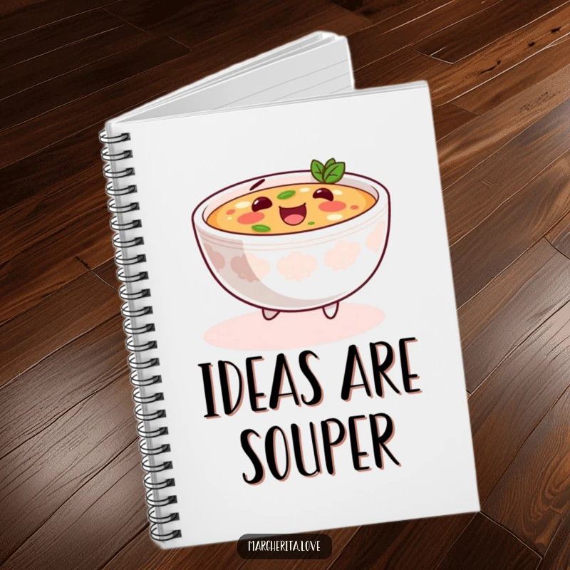 Funny soup skip notebook showcasing a content bowl of soup happily skipping, ideal for capturing notes with a touch of cozy humor.