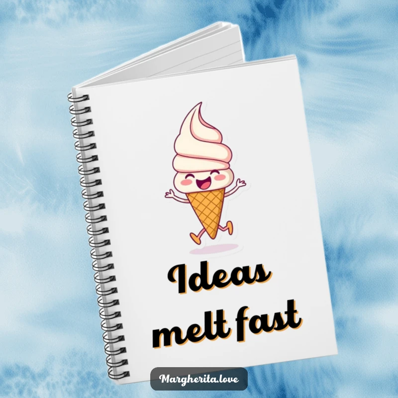 Funny ice cream notebook with a beaming ice cream cone illustration joyfully skipping, ideal for writing and planning.