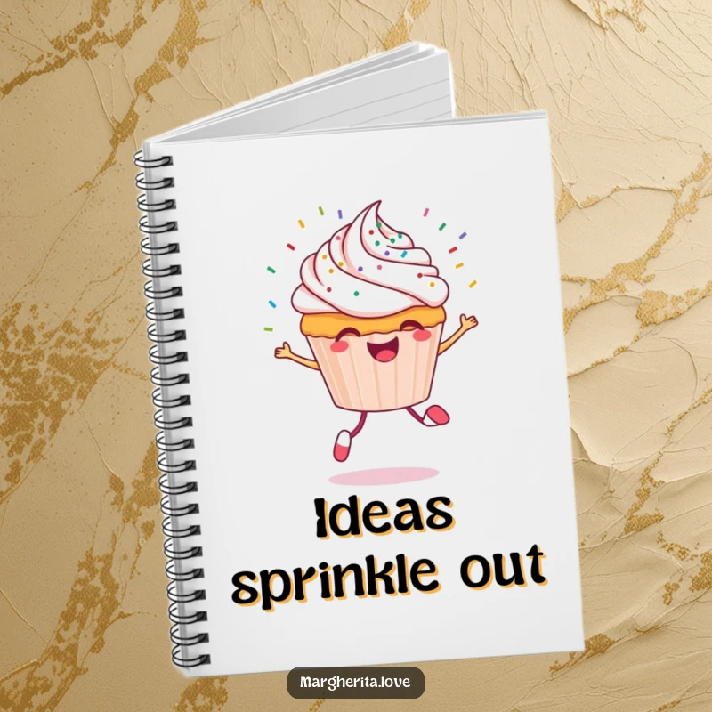 Funny cupcake notebook with a cheerful cupcake character skipping with sprinkles flying, perfect for notes and journaling.