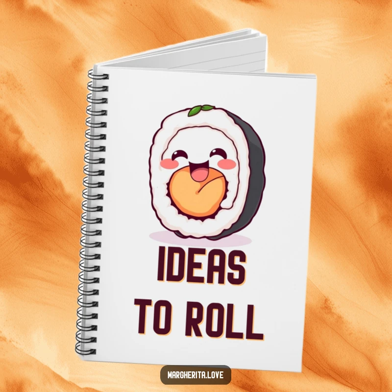 Funny sushi roll wiggle notebook showcasing a delighted sushi roll wiggling happily, ideal for capturing notes with a touch of cute humor.