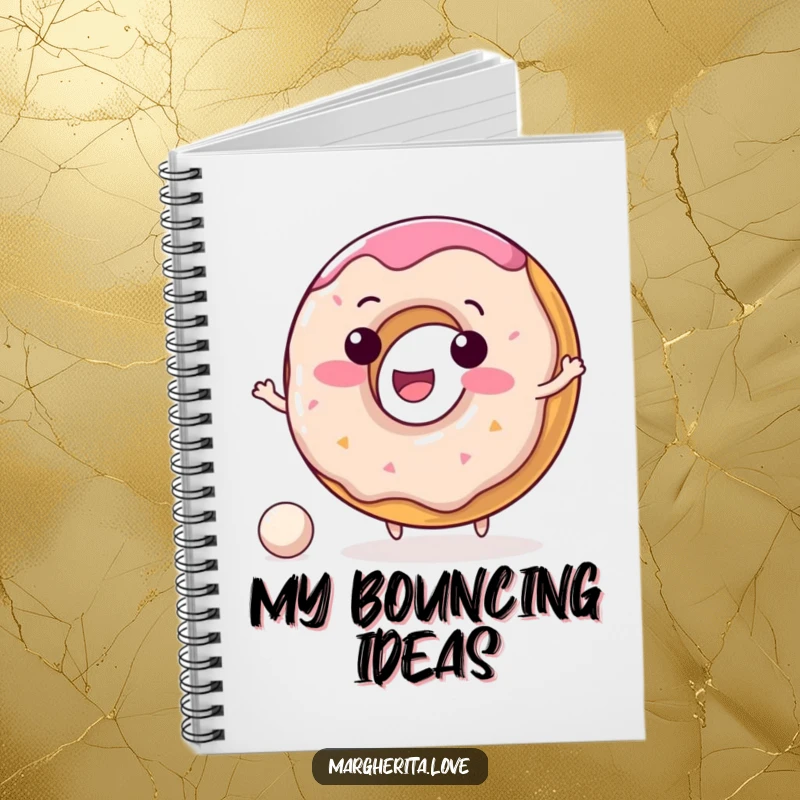 Funny donut notebook with a delighted donut character happily bouncing a tiny ball on the cover, perfect for notes.