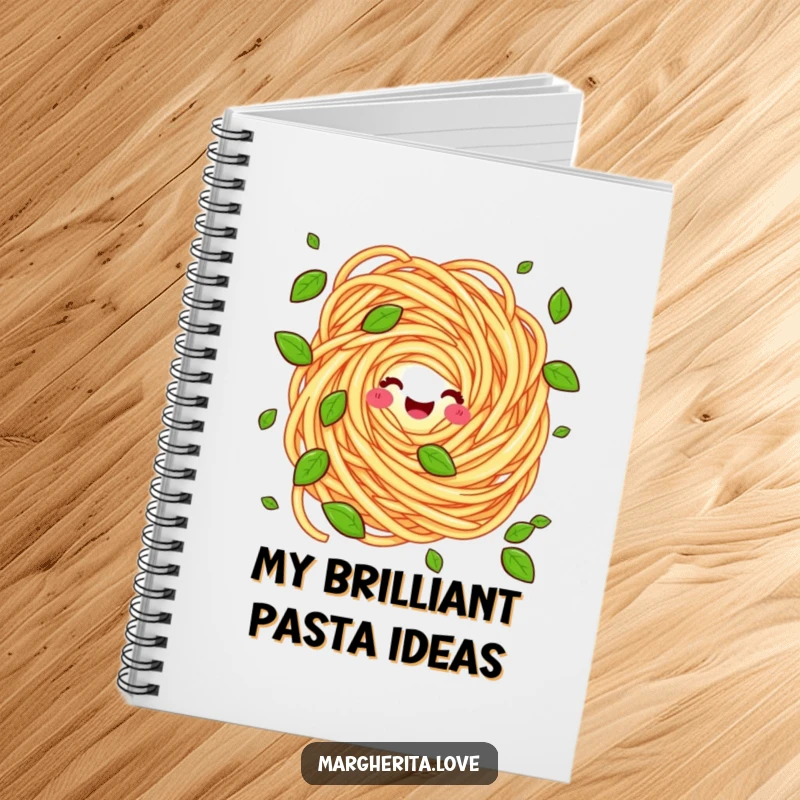Funny notebook featuring a happy pasta swirl character juggling basil leaves, perfect for capturing notes with a side of culinary humor.