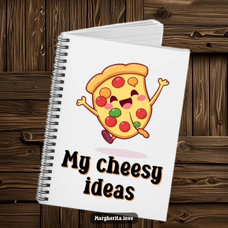 Funny pizza slice character doing a cartwheel, illustrated in a notebook for jotting down fun and creative ideas.