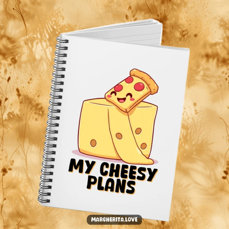Funny pizza slice sliding down cheese on the cover of a delicious, funny notebook.