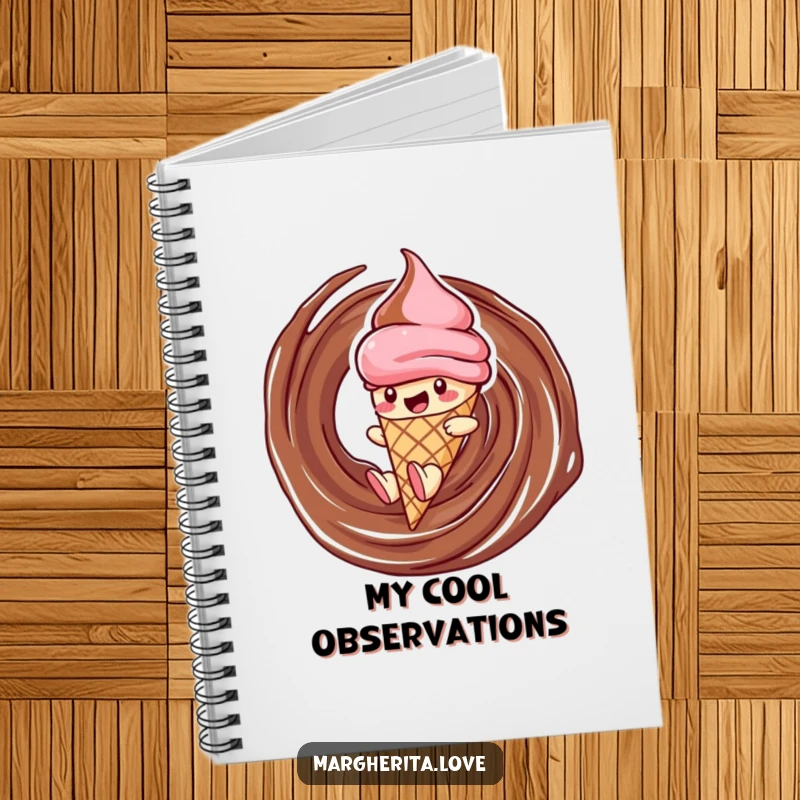 Funny ice cream notebook featuring a delighted cone character sliding down a chocolate swirl, ideal for jotting notes with humor.