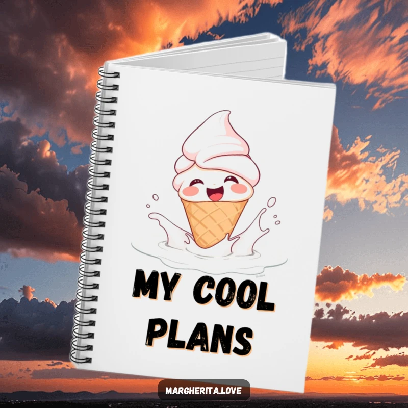 Funny notebook with a giggling ice cream cone person splashing in milk, perfect for jotting down notes or ideas with a sweet and humorous touch.
