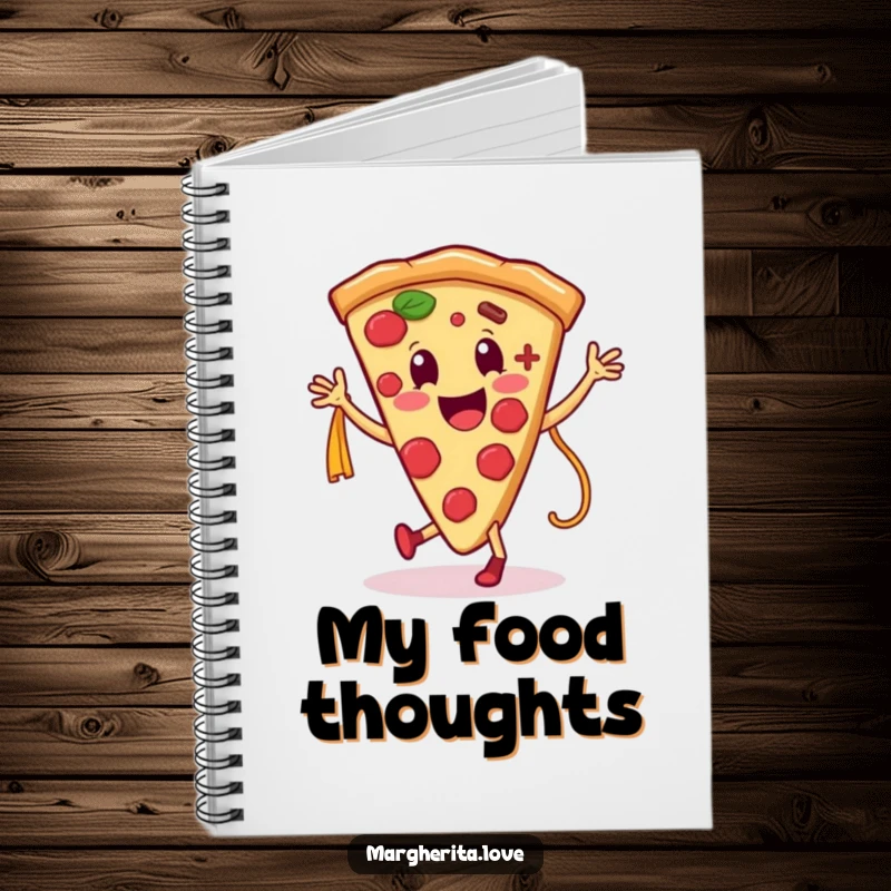Funny notebook adorned with a smiling pizza slice character dancing with a pasta noodle, ideal for food-themed note-taking.