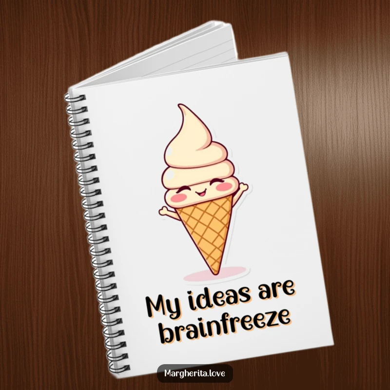 Funny winking ice cream cone doing a headstand on the cover of a notebook, inspiring sweet and humorous entries.