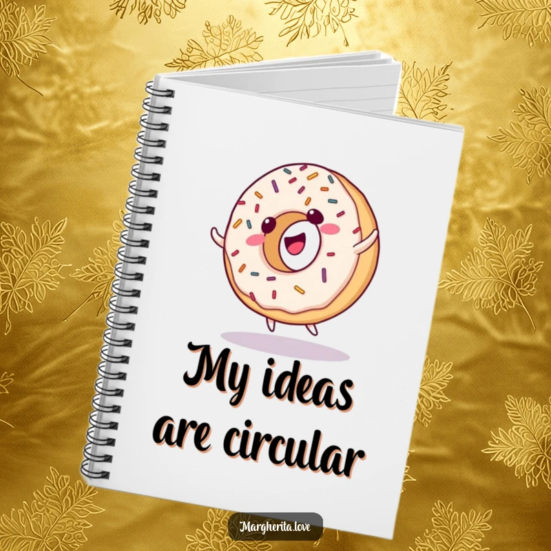Funny notebook with a giggling donut with sprinkles, doing a cartwheel, ideal for jotting down sweet ideas.
