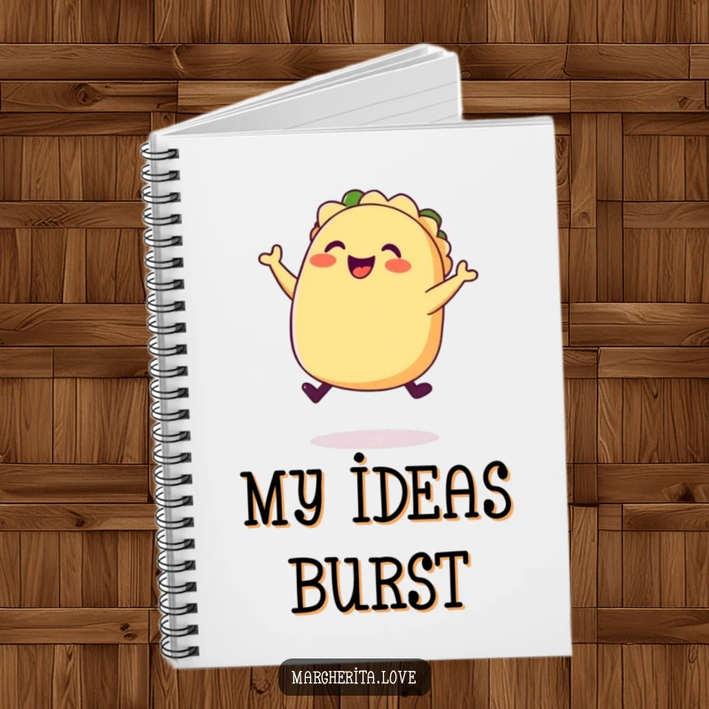 Funny happy taco jump notebook, featuring a plump, joyful taco mid-jump, perfect for energetic note-taking.