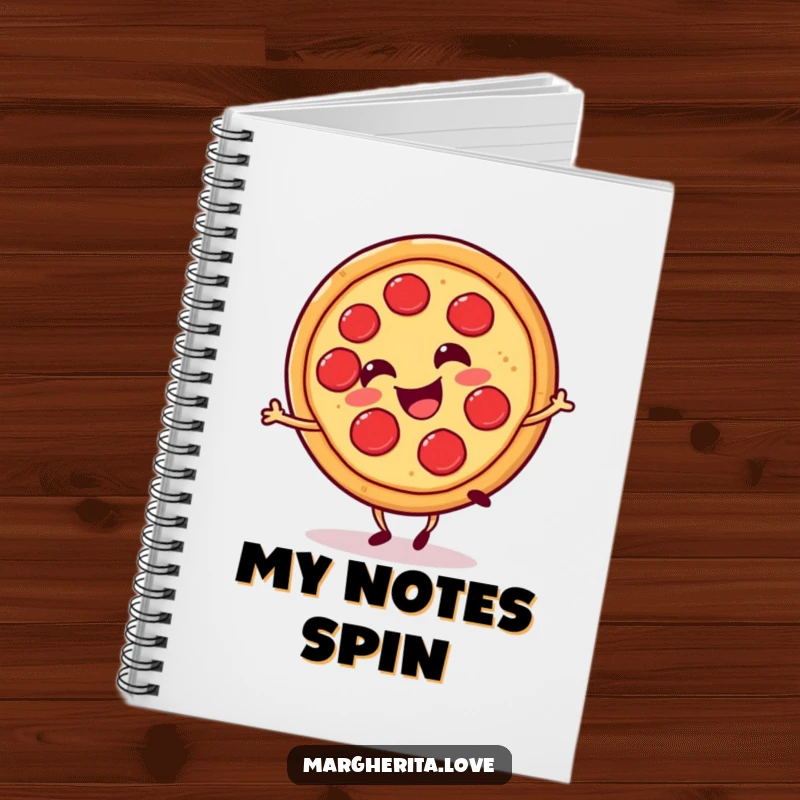 Funny pizza slice cartwheel notebook, featuring a happy, cartwheeling pizza slice, perfect for creative jotting.