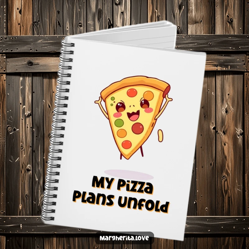 Funny notebook cover featuring a happy pizza slice with legs doing a cartwheel, inspiring creativity with its playful humor, perfect funny gift.