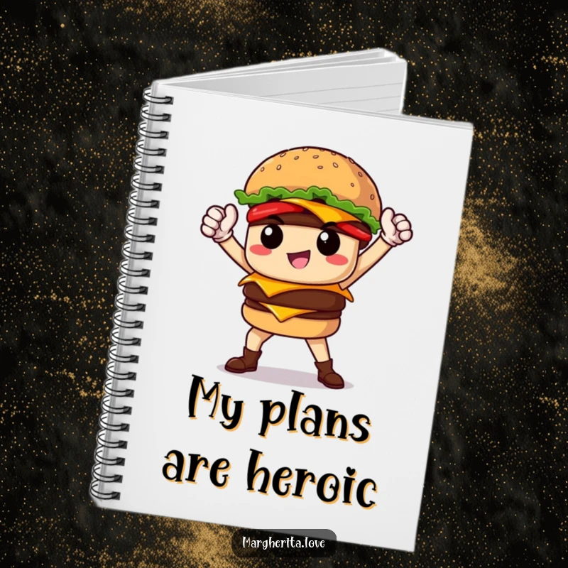 Funny proud burger hero striking a pose on the cover of a notebook, inspiring bold and humorous entries.