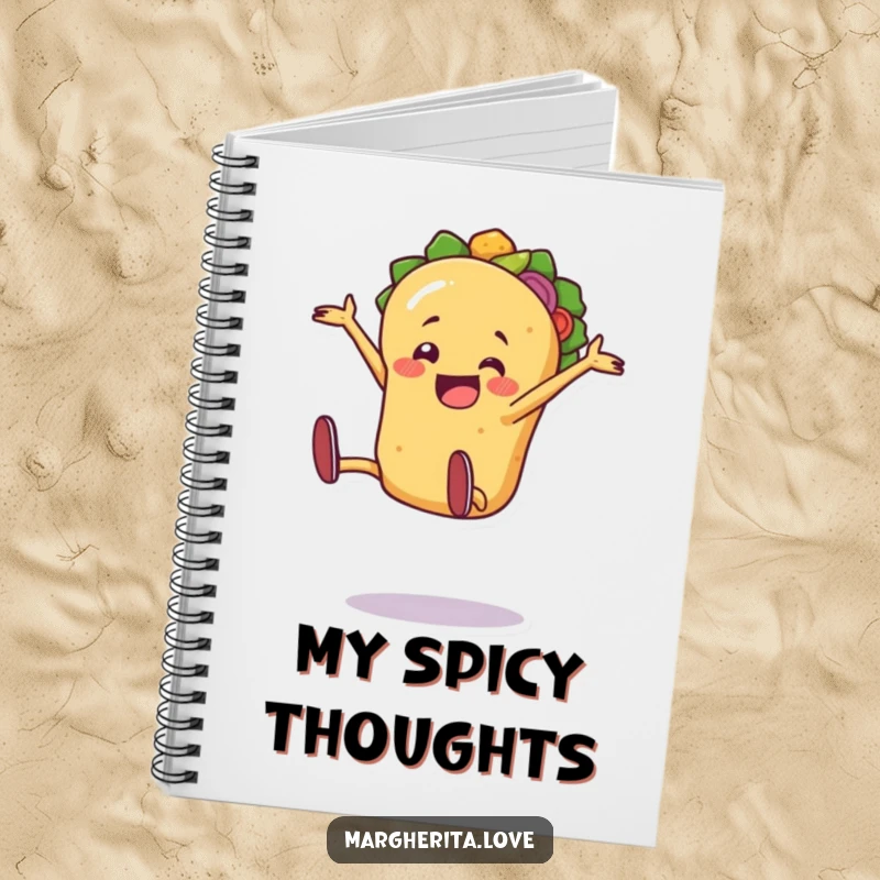 Funny taco character doing an excited cartwheel on the cover of a festive, funny notebook.