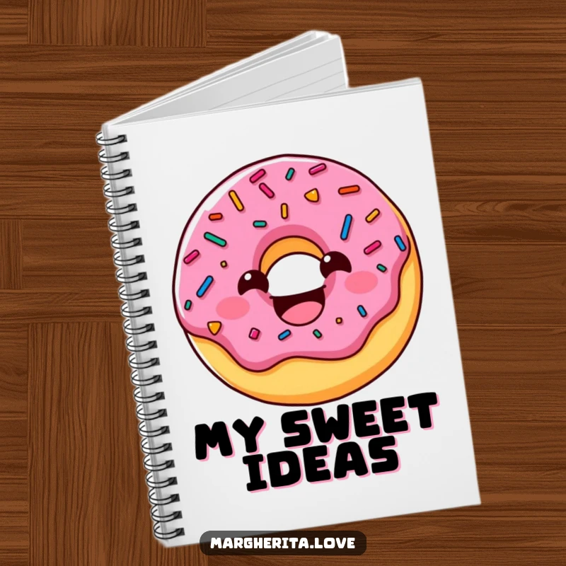 Funny donut notebook featuring a delightful sprinkled character, grinning widely, perfect for jotting down notes with a humorous touch.