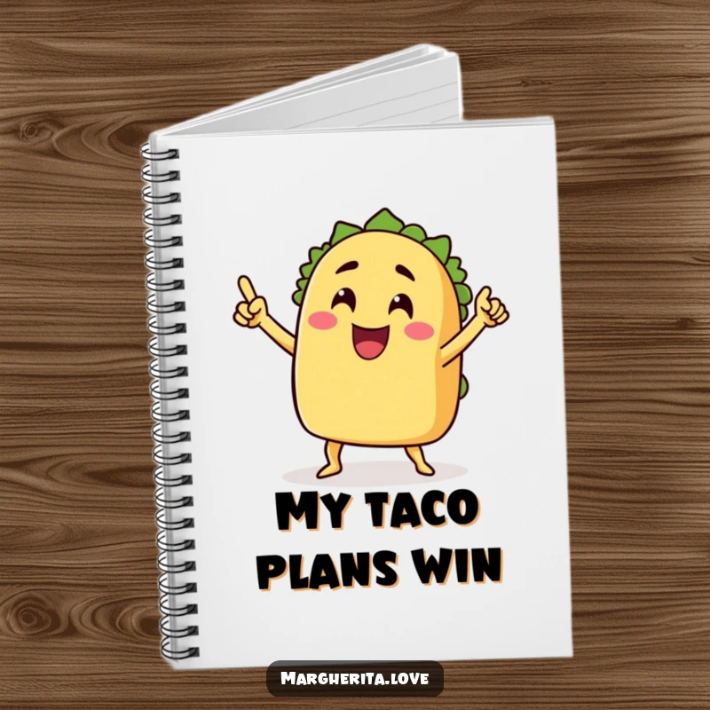 Funny notebook cover featuring a grinning taco with arms doing a victory dance, inspiring creativity with its festive humor, perfect funny gift.