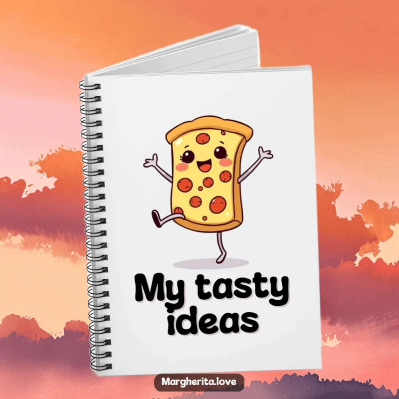 Funny pizza cartwheel notebook, showing a happy pizza slice doing a cartwheel, perfect for jotting notes.