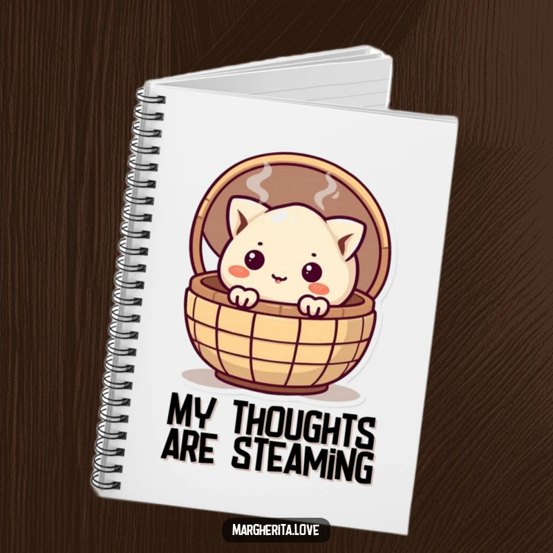 Funny curious dumpling peeking from a steaming basket on the cover of a notebook, inspiring thoughtful and humorous entries.