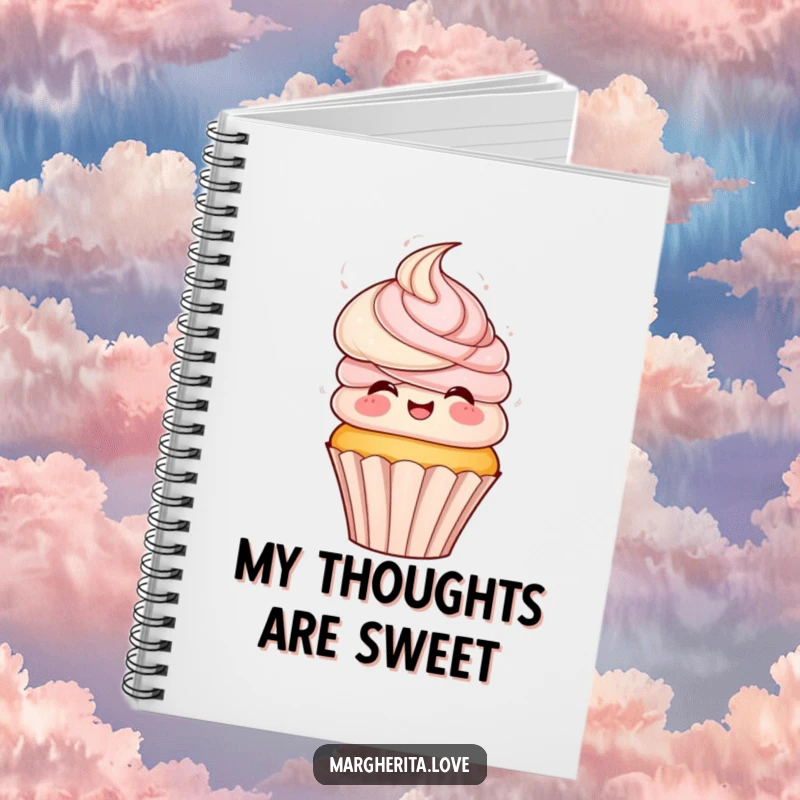 Funny notebook with a playful cupcake with frosting hair, spinning excitedly, ideal for jotting down sweet ideas.