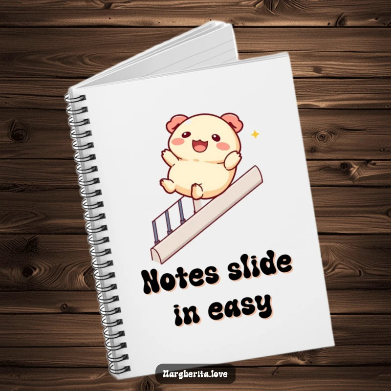 Funny notebook featuring a jolly dumpling character sliding down a banister, perfect for jotting down notes and creative thoughts.