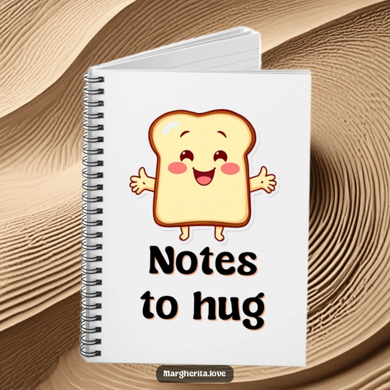 Funny notebook with a cheerful cartoon toast character offering wide, open arms for a hug. Ideal for notes and inspiration.
