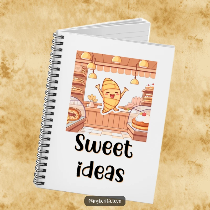 Funny notebook adorned with a cheerful croissant character joyfully leaping, ideal for bakery-themed note-taking.